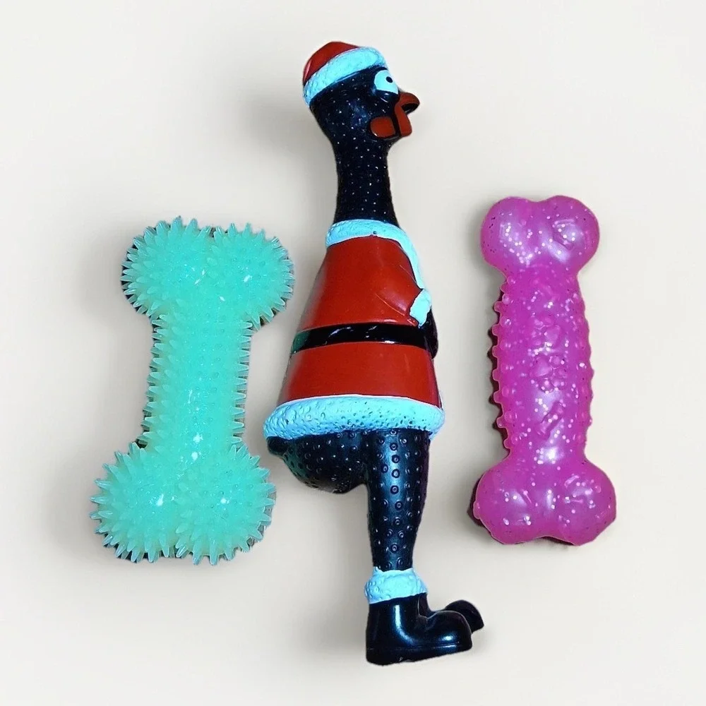 3pc Dog Toy Bundle Santa Claus Squeaky Rubber Chicken & Textured Chew Bones